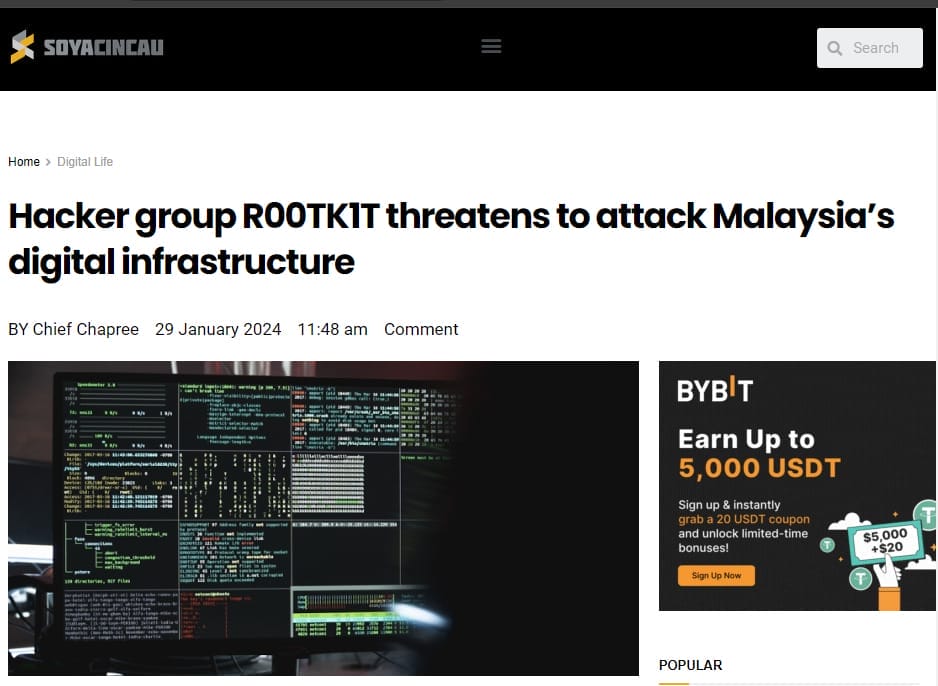 Hacker group R00TK1T threatens to attack Malaysia. Business and Organization at Risk 1