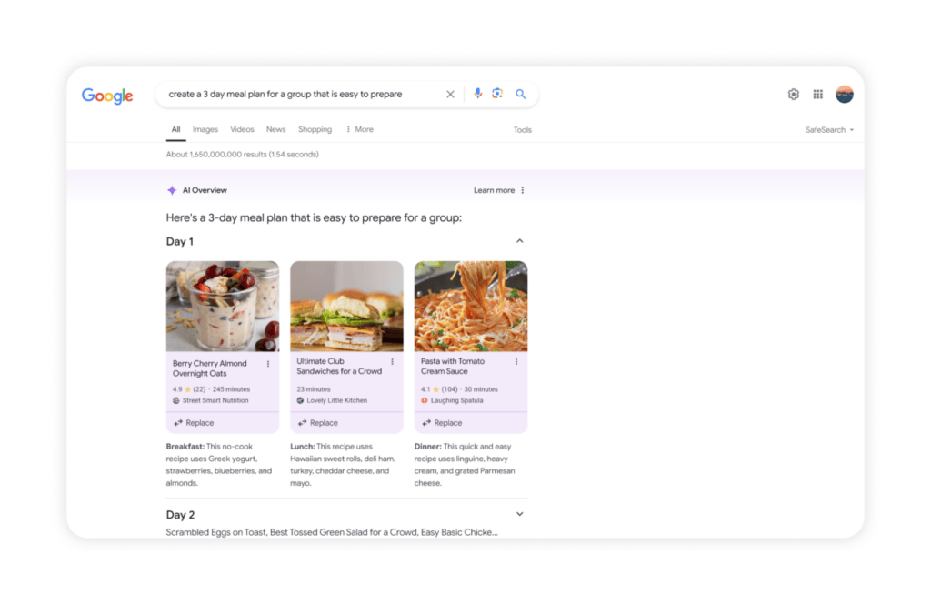 Example of AI Overview Result for Convenient Meal Planning
