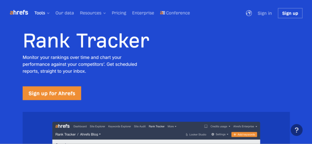 Example of Ahrefs Rank Tracker Tool Landing Page Hero Section
