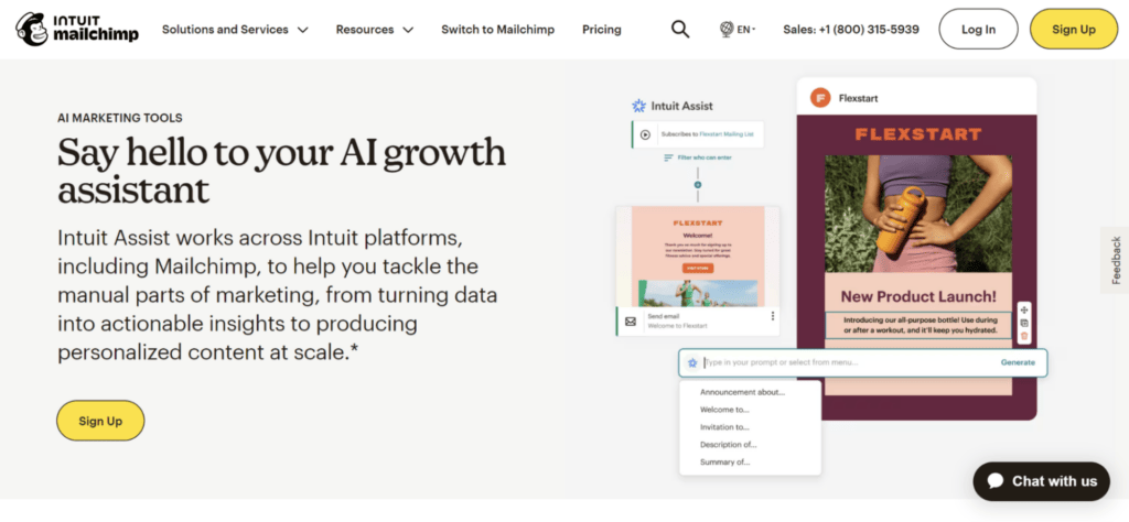 MailChimp: Prominent CTA on SignUp Button, Sales Contact Number, and AI Chat Bot