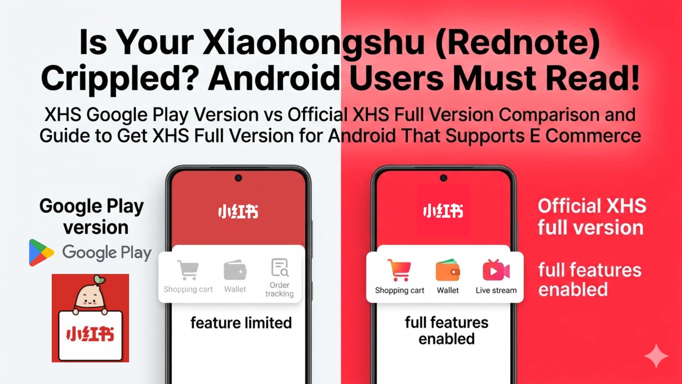 Google Play vs Official Xiaohongshu comparison. Learn why e-commerce features are missing and how to get the full XHS version for Android with shopping, wallet, and payment support.