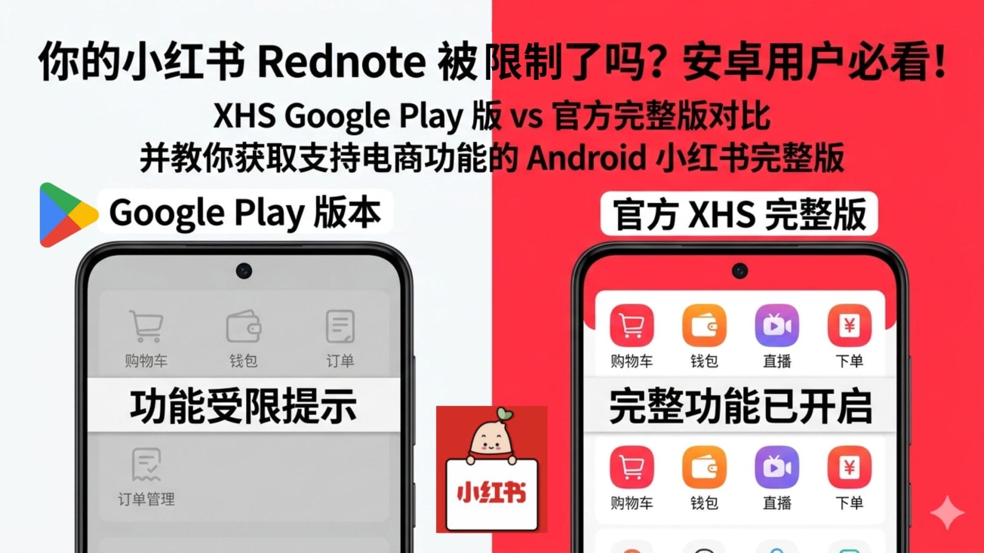 Google Play 版与官方版小红书功能对比。了解为什么电商功能缺失，以及如何获取支持购物、钱包和支付功能的 XHS Android 完整版。